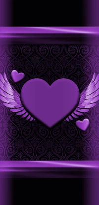 Elegant Purple Hearts with Wings on a Dark Patterned Background