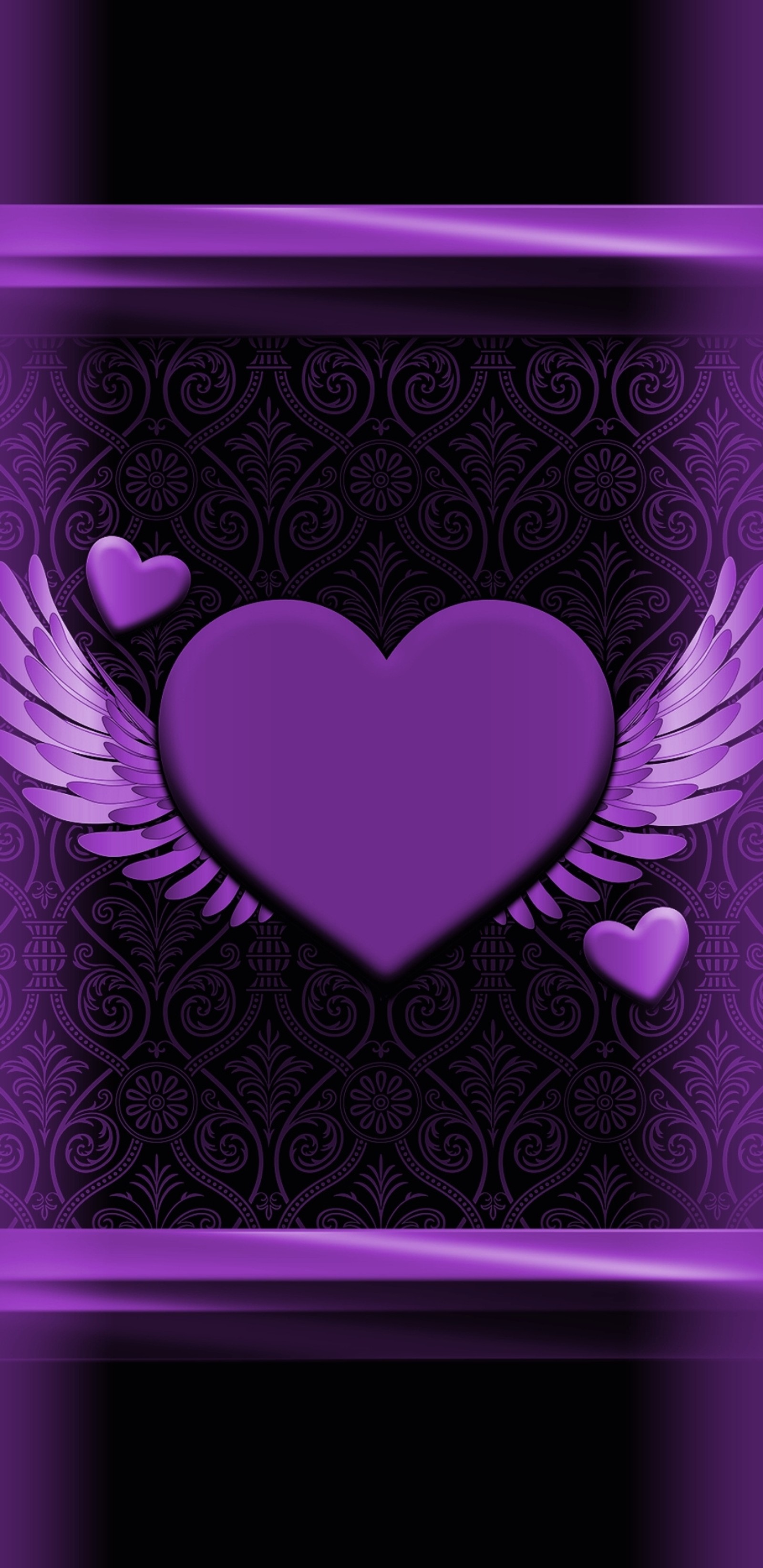 Purple heart with wings on a black background with a pattern (heart, hearts, love, pattern, pretty)