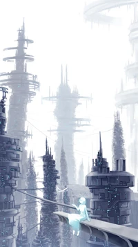 A serene figure in white gazes over a futuristic cityscape, featuring towering structures and intricate designs, enveloped in a misty atmosphere.