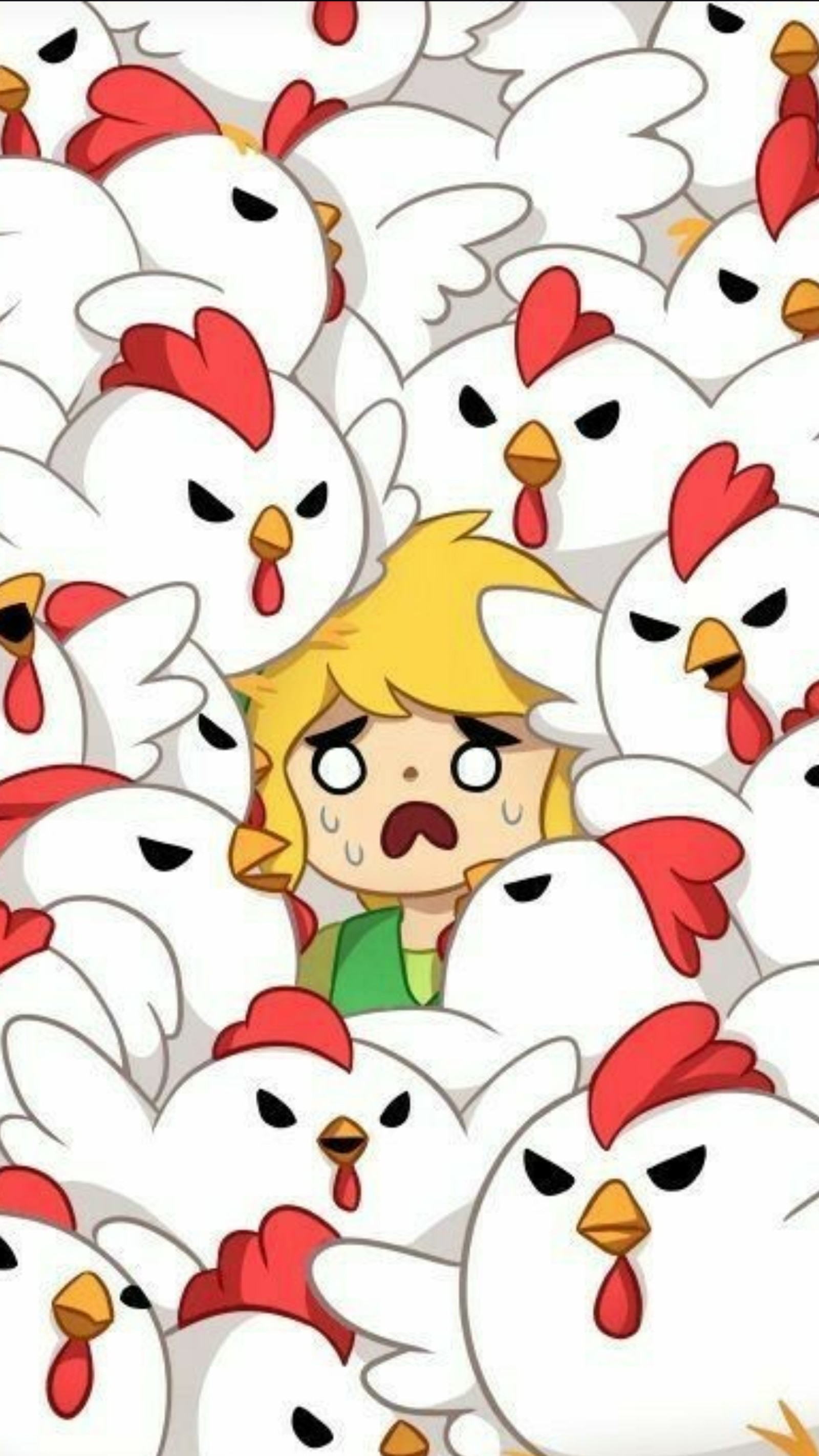 Cartoon character surrounded by chickens with a surprised look on his face (chicken, cute, legend of zelda, link, loz)