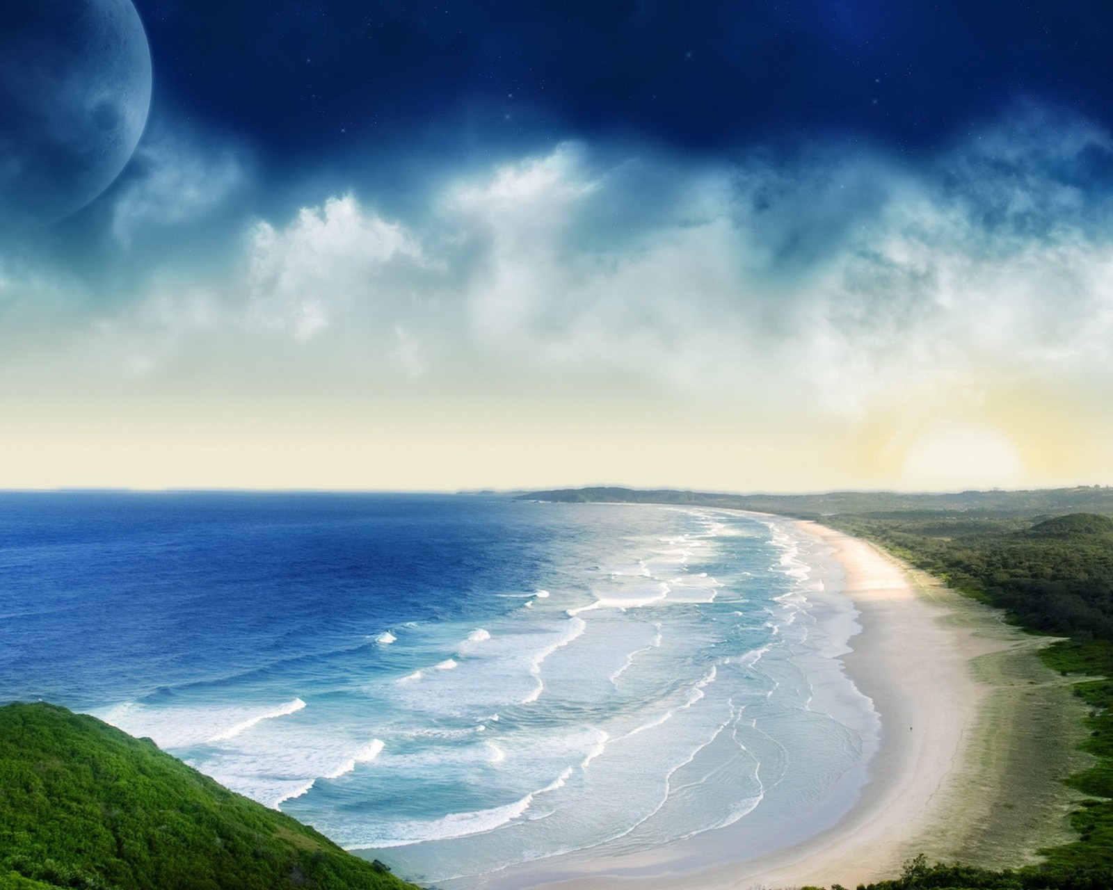 Une vue d'une plage avec une lune et un ciel lointain (beau, nuages, hd, paysage, nature)