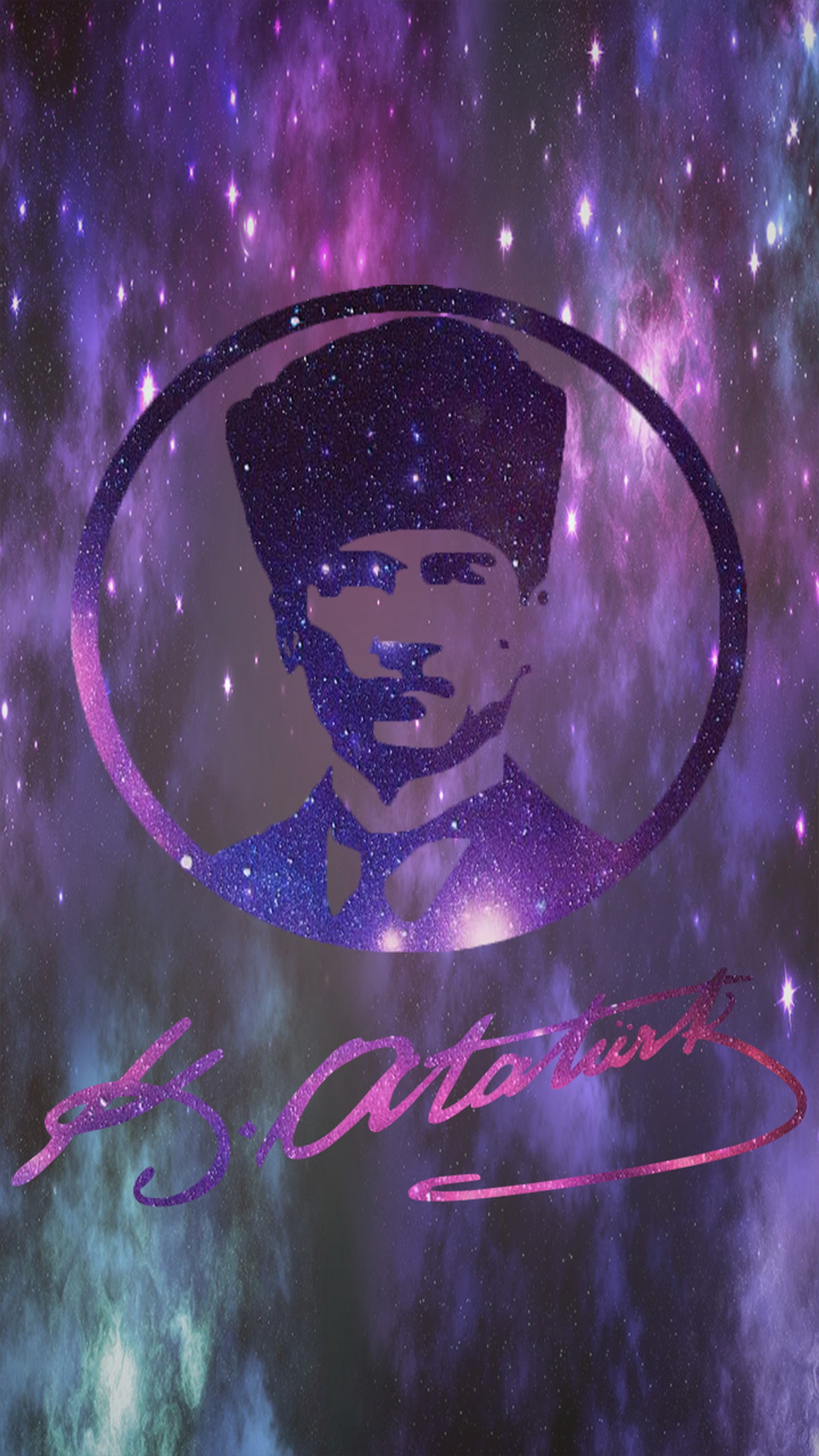 Un gros plan d'une image d'un homme avec un chapeau au milieu d'une galaxie (atatürk, ataturk, mustafa kemal atatürk, mustafa kemal ataturk, monde)