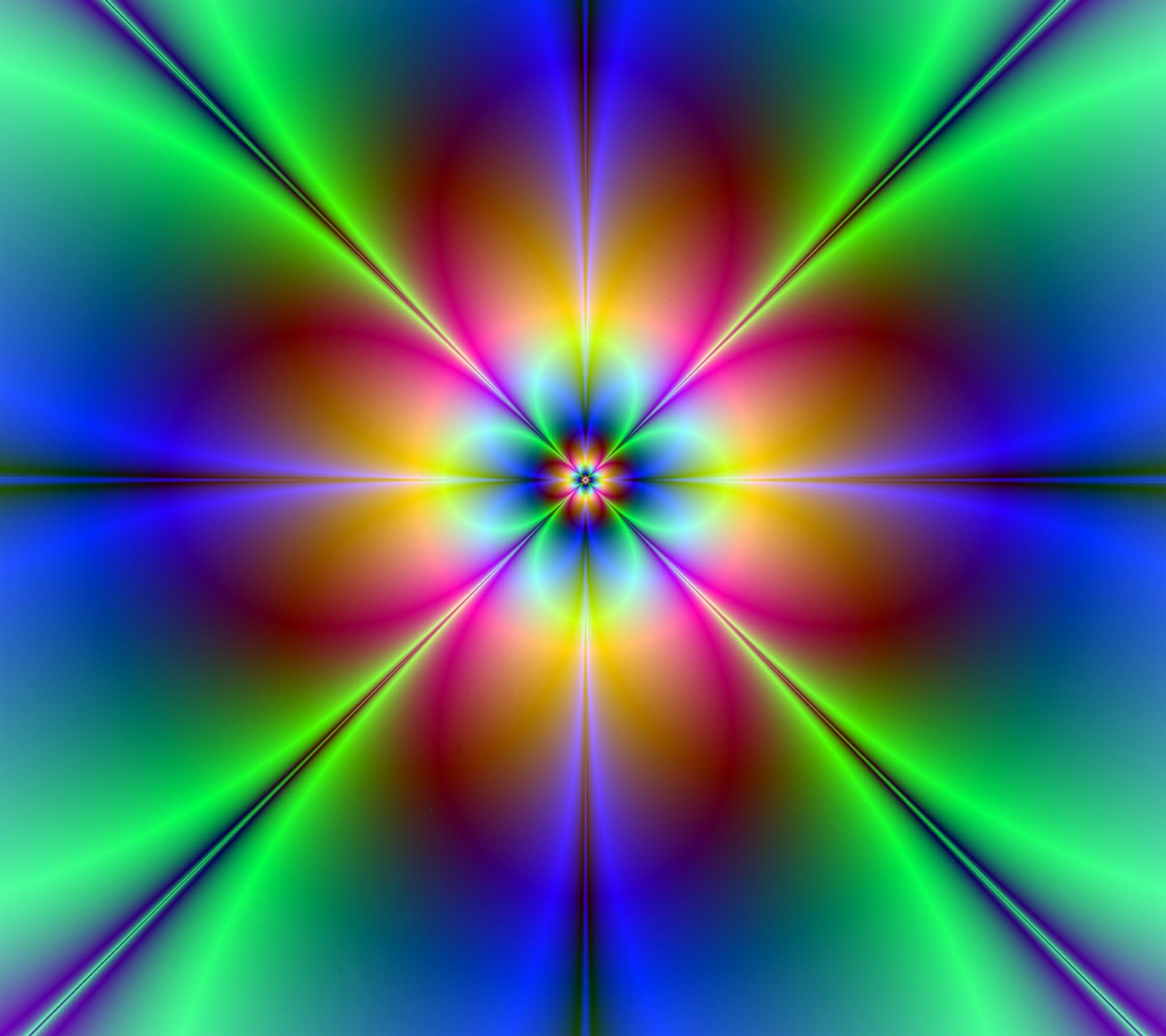 A colorful flower with a green center and blue center (abstract, fractal)