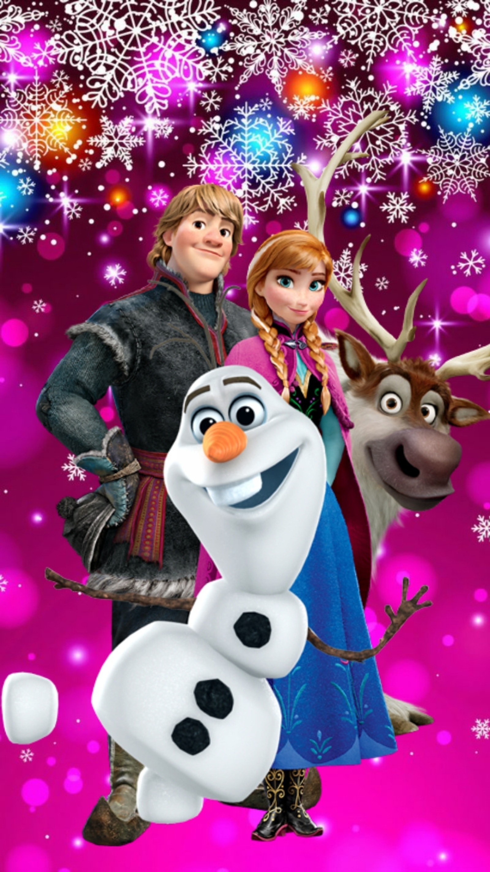 Frozen and olaf are standing next to each other in front of a christmas tree (purple, olaf)