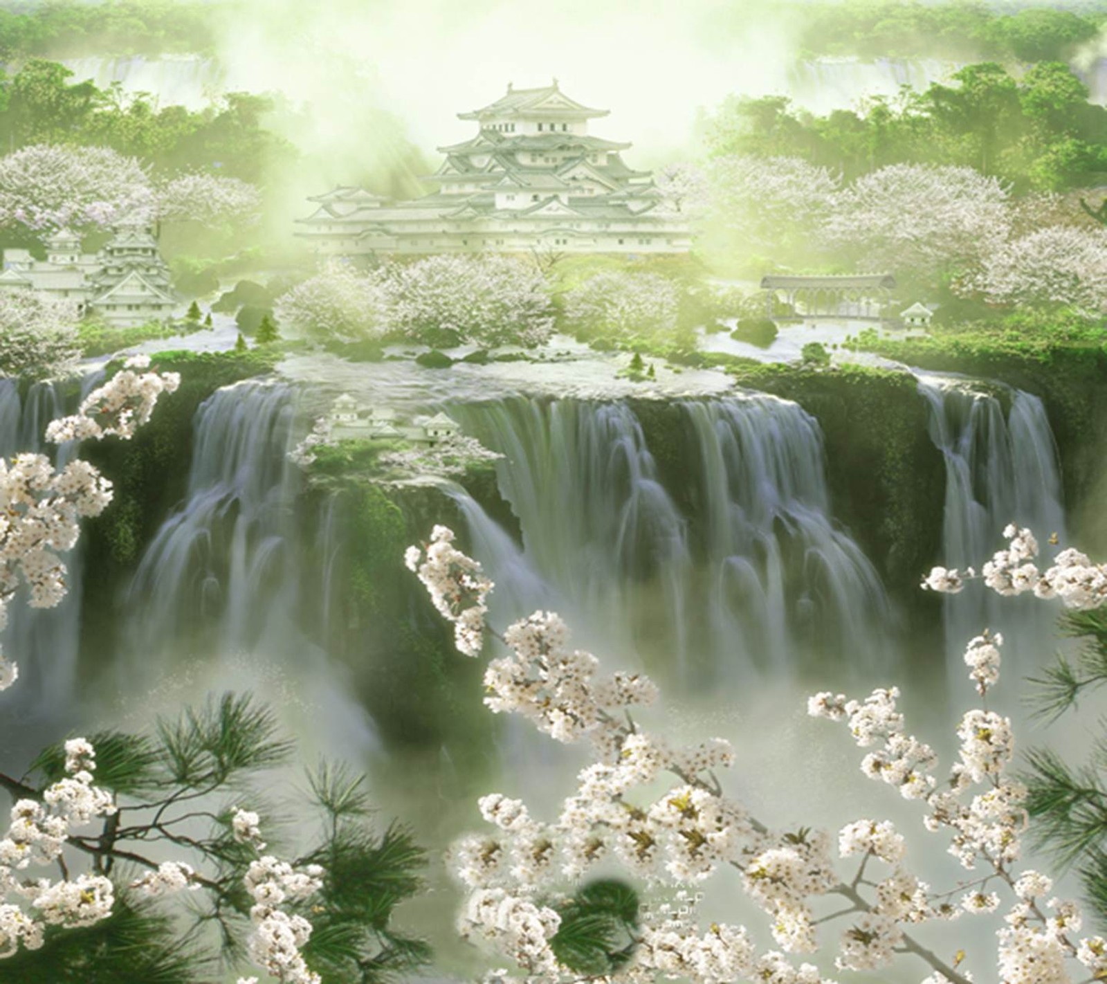 There is a waterfall with a pagoda in the background (3d nature, hd dreamhouse, hd nature, hut, nature)