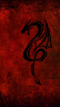 Silhouette de dragon noir majestueux sur fond rouge ardent