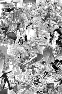 A dynamic collage of characters and scenes from "Shingeki no Kyojin," featuring Eren amidst Titans and key moments, styled in striking black and white.