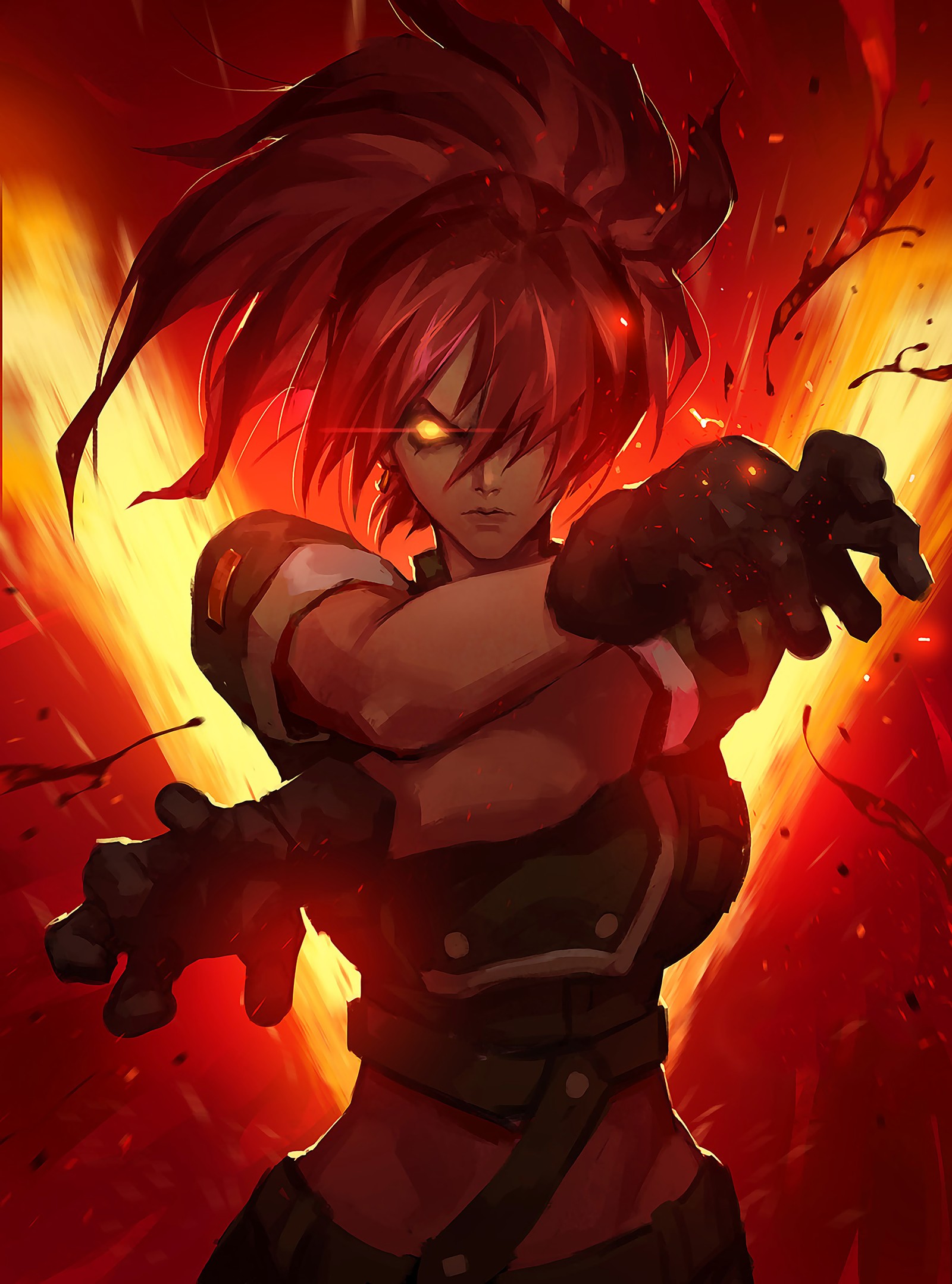 Garota anime com cabelo vermelho e luvas pretas segurando uma arma (kof, leona heidern, leona orochi, snk, the king of fighters)