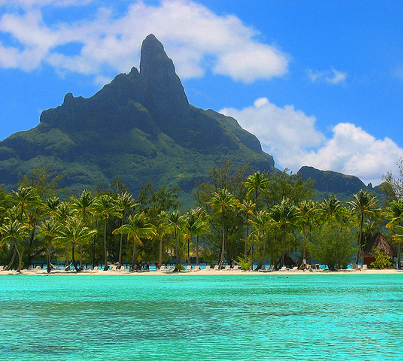 Ein boot, das im wasser in der nähe des strandes ist (strand, bora bora, ozean, palmen)