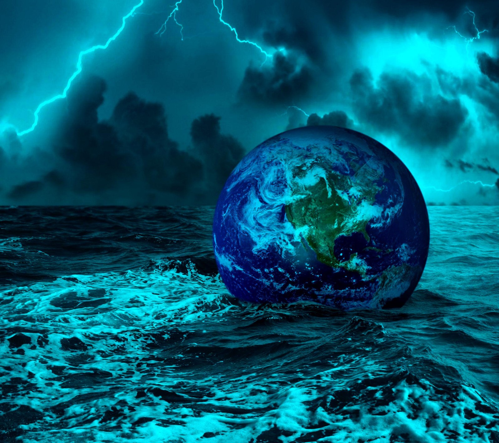 A close up of a blue earth in the middle of a body of water (blue, earth, lightining, storm)