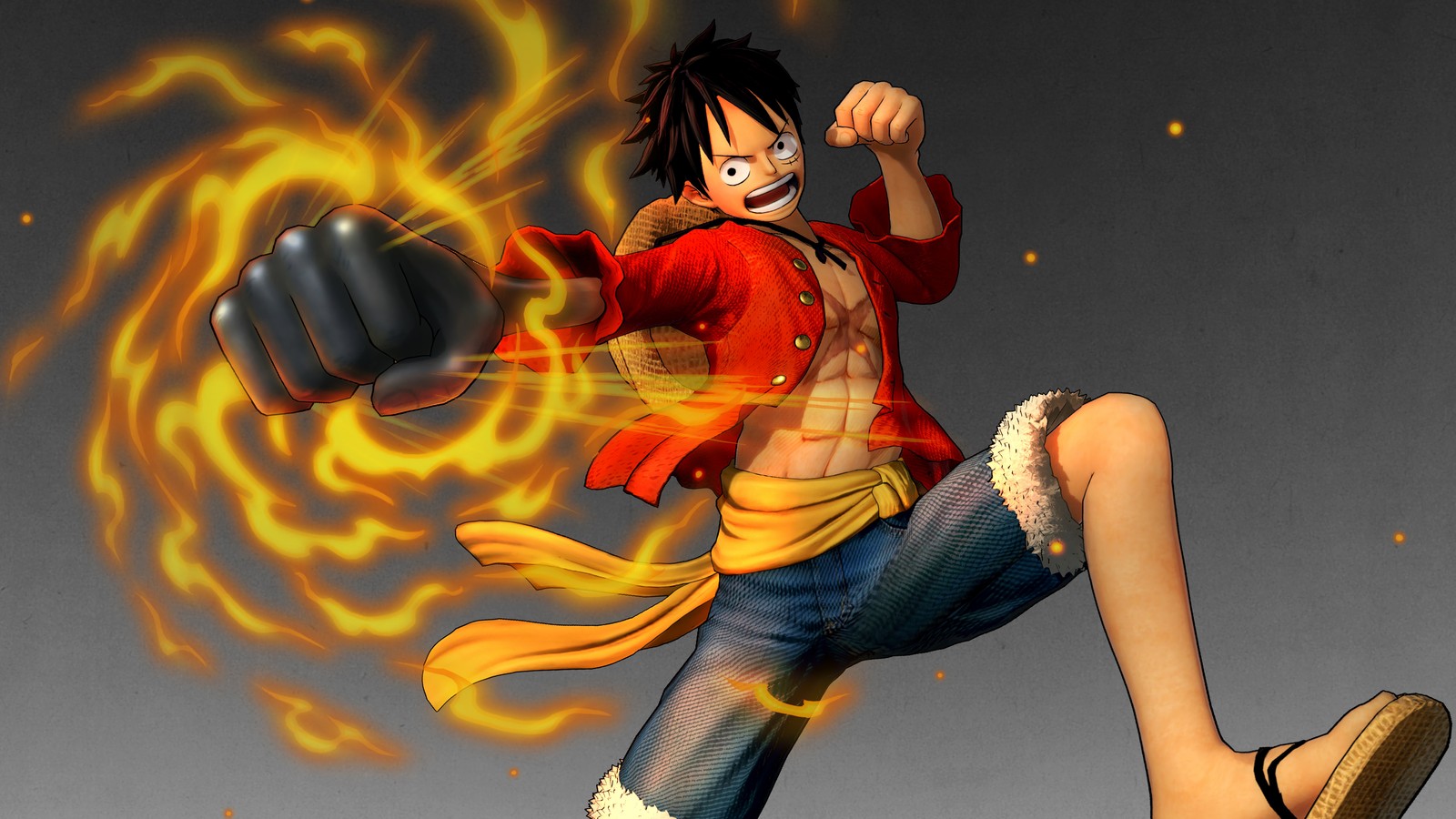 Un primer plano de una persona saltando en el aire con un sombrero (monkey d luffy, halcón rojo, one piece pirate warriors 4, videojuego)