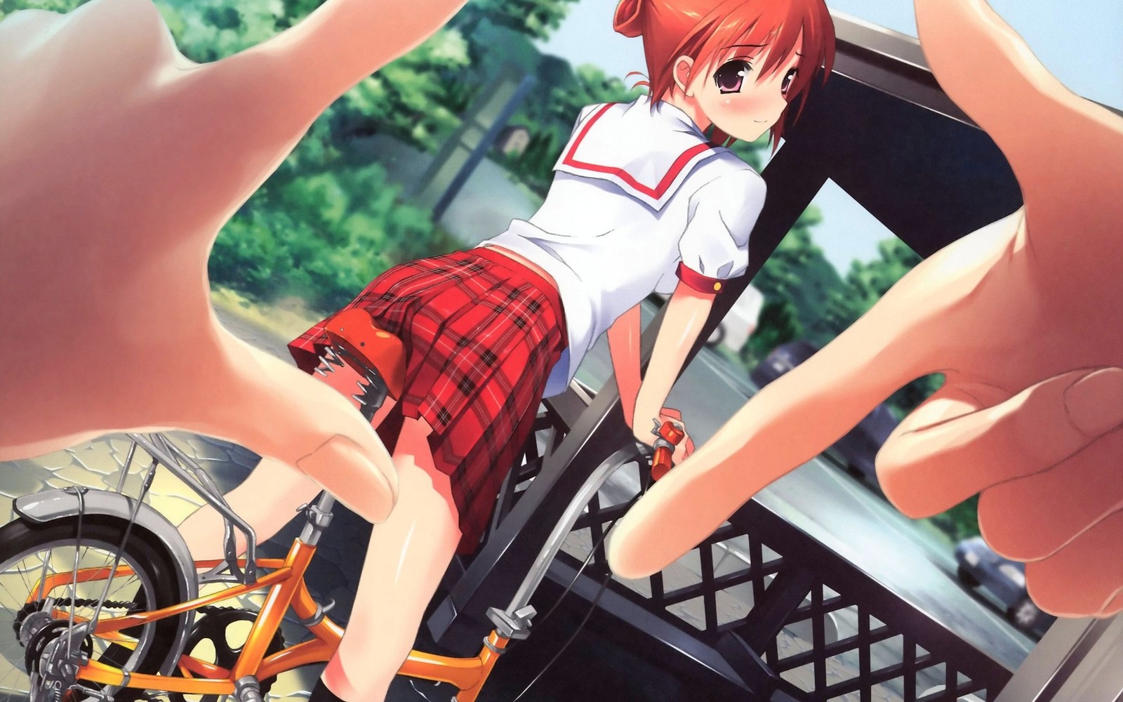 Anime girl in a school uniform standing on a bicycle with her hands in the air (canvas, printing, poster, mangaka)