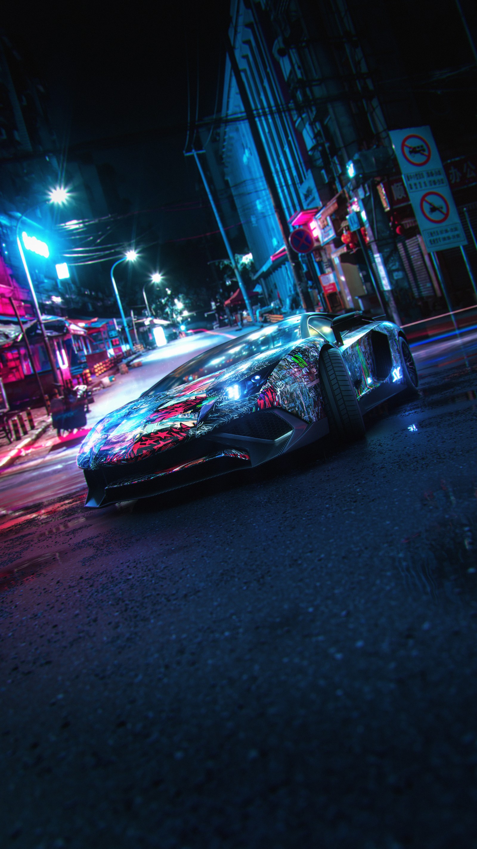 Cars driving down a city street at night with neon lights (lamborghini, cars, lamborghini gallardo, sports car, lamborghini urus)