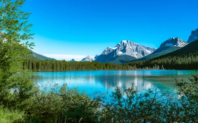 bow lake, canada, snow covered, mountains, blue sky