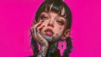 Anime-Inspired Girl with Intricate Tattoos Against a Bold Pink Background