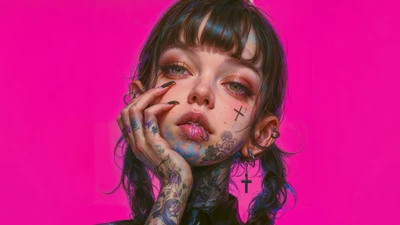 Fille inspirée par l'anime avec des tatouages complexes sur un fond rose vif