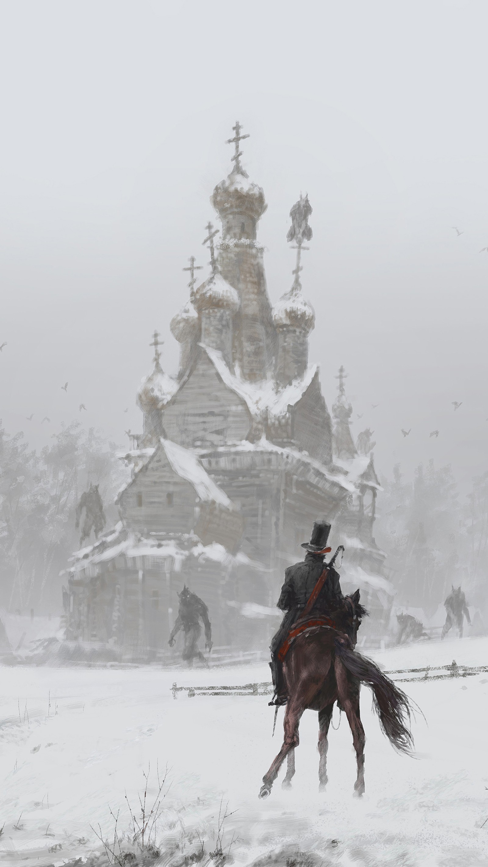 Snowy scene of a man riding a horse in front of a church (art, concept art, illustration, painting, artist)