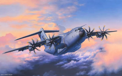 Самолет Airbus A400M Atlas в полете на фоне красочного закатного неба