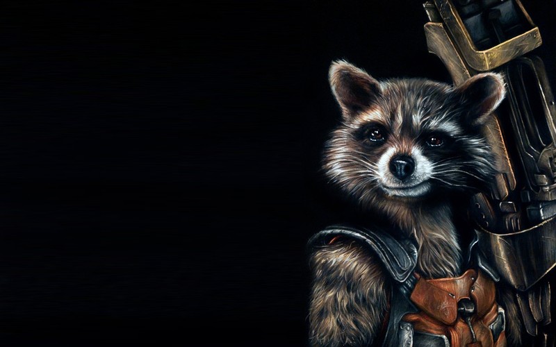 Ракета енот с пистолетом и рюкзаком на черном фоне (rocket raccoon, грут, groot, проксион, проционовые)