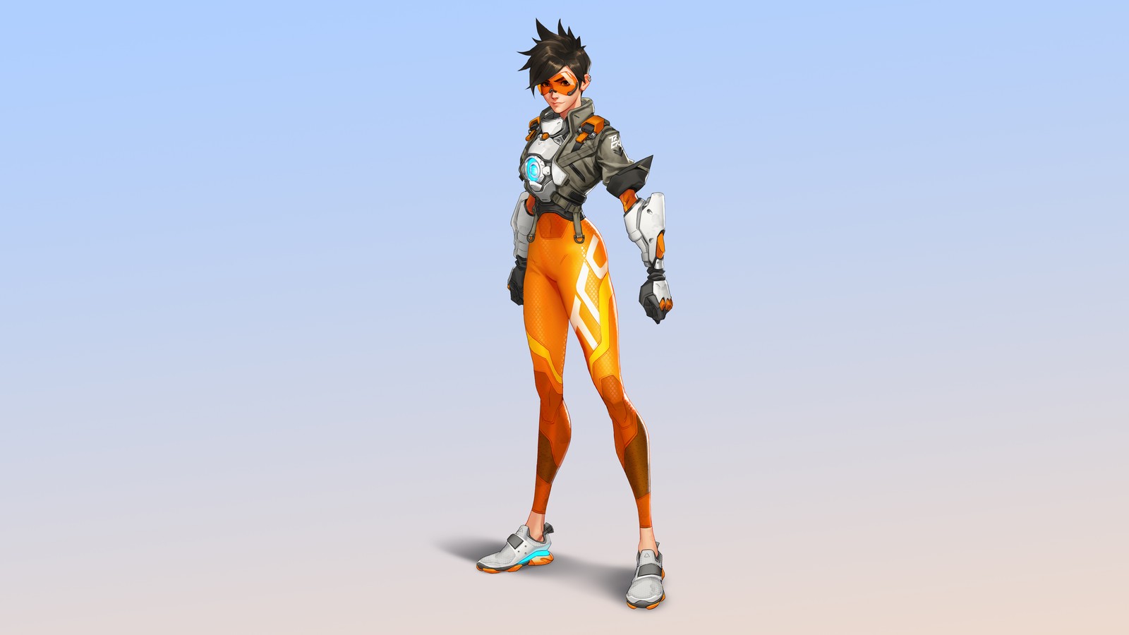 A close up of a person in a suit with a sword (overwatch 2, video game, overwatch, tracer)