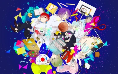 Colorful illustration featuring characters from "Kuroko's Basketball" amidst a vibrant, chaotic background filled with sports equipment and artistic elements, celebrating creativity and teamwork.