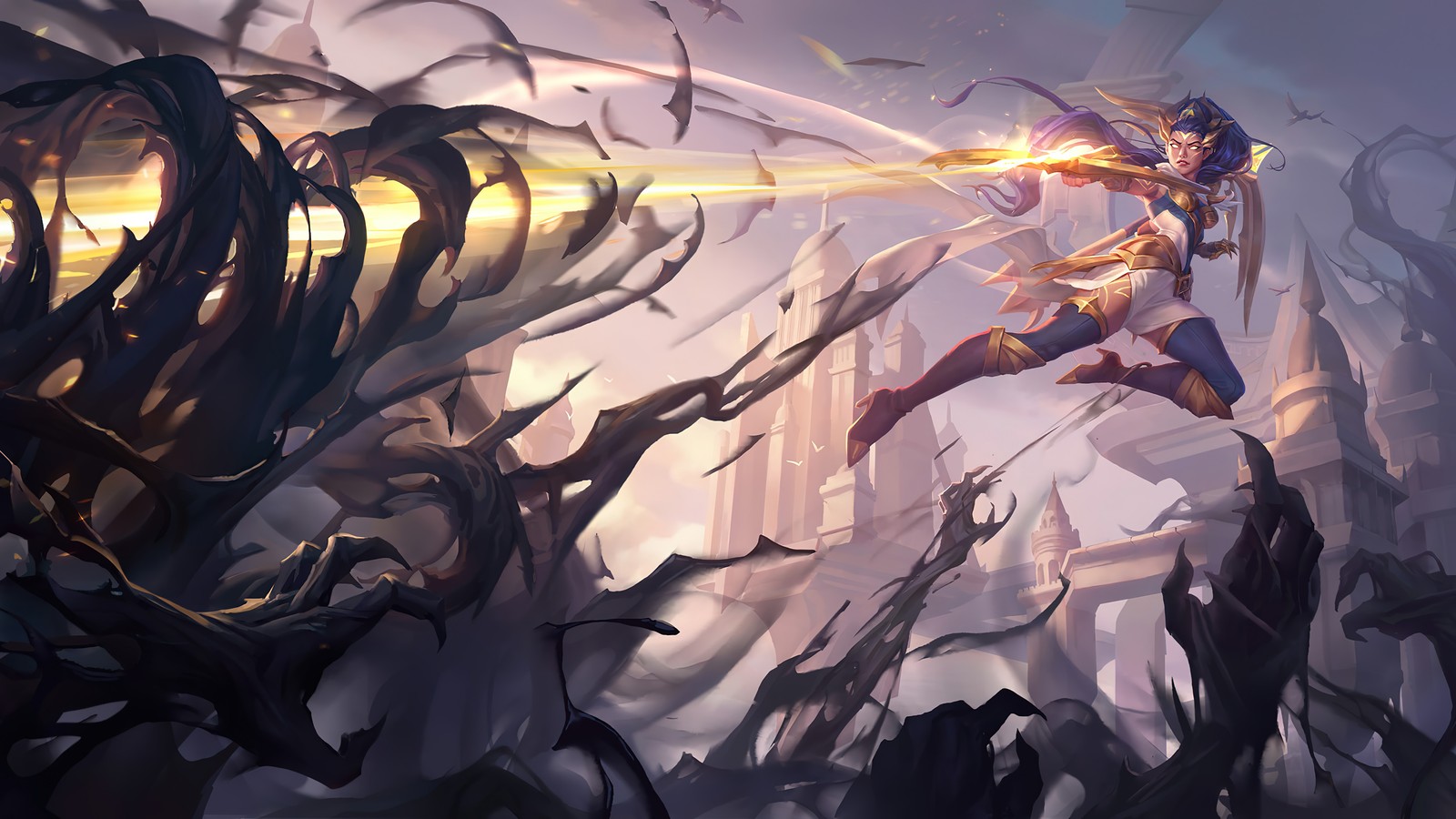 Une femme en robe blanche volant dans les airs (vayne, arclight, peau, lor, legends of runeterra)