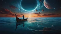 sailing, sea, horizon, planet, fantasy wallpaper