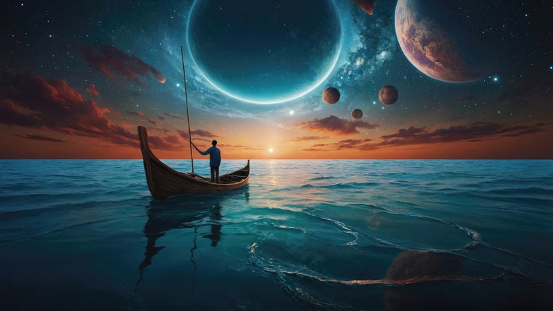 A man in a boat on the ocean with planets in the background (sailing, sea, horizon, planet, fantasy)