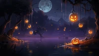 Escena espeluznante de Halloween iluminada por la luna con calabazas colgantes