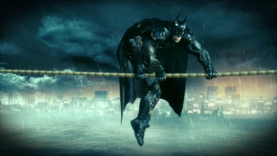 Batman in Aktion: Ein Dunkler Ritter über den Schatten von Gotham schwebend