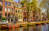 Encantador canal de Amsterdã com reflexos e árvores exuberantes