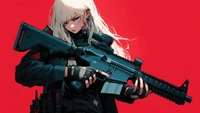 Guerrière cyberpunk : fille avec fusil sur fond rouge