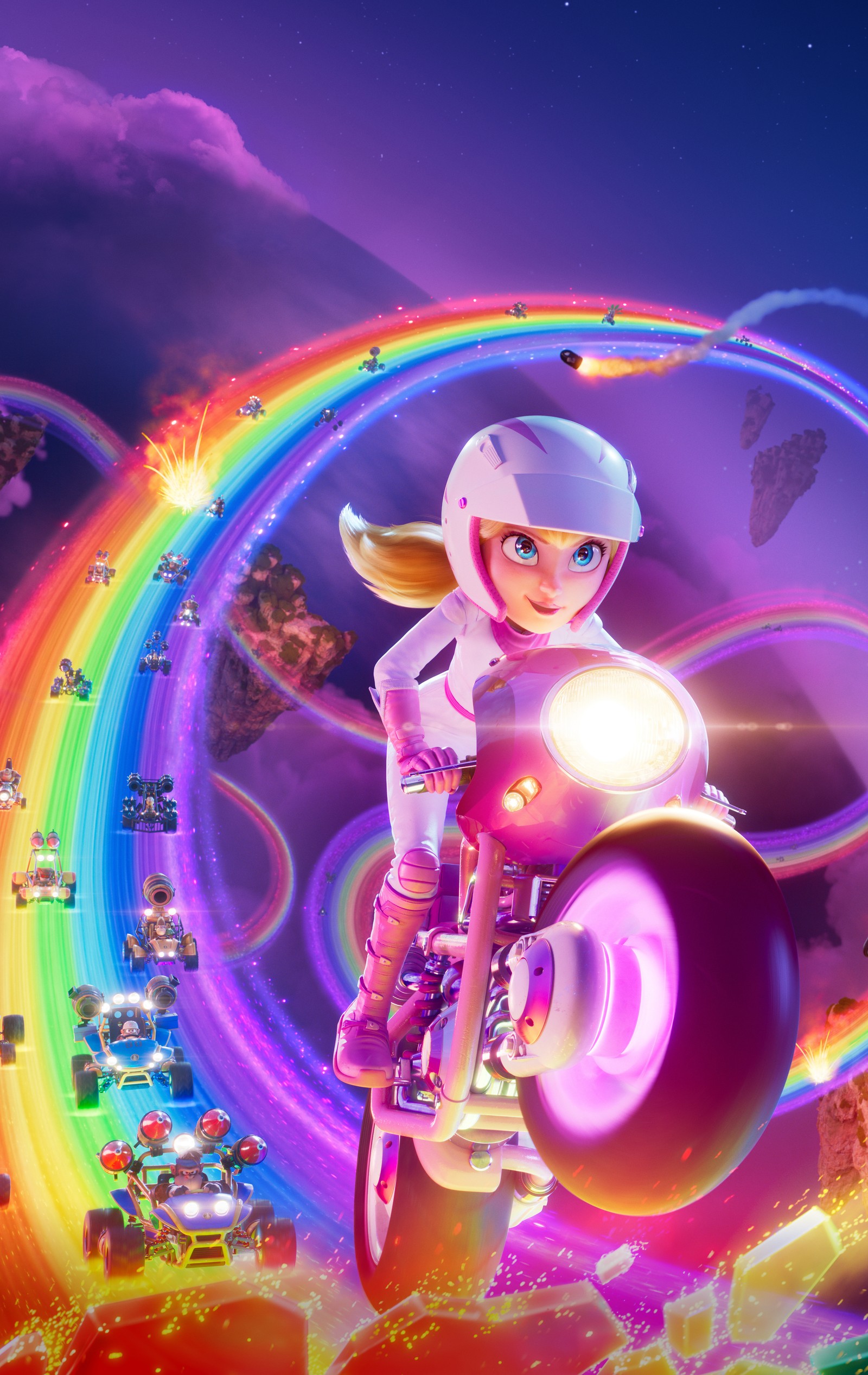 Image parfumée d'une femme roulant à moto dans un tunnel arc-en-ciel (le film super mario bros, the super mario bros movie, princesse peach, princess peach, films danimation)