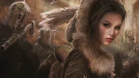 Enchanting Warrior: A Mystical Woman in Fur Amidst Shadows