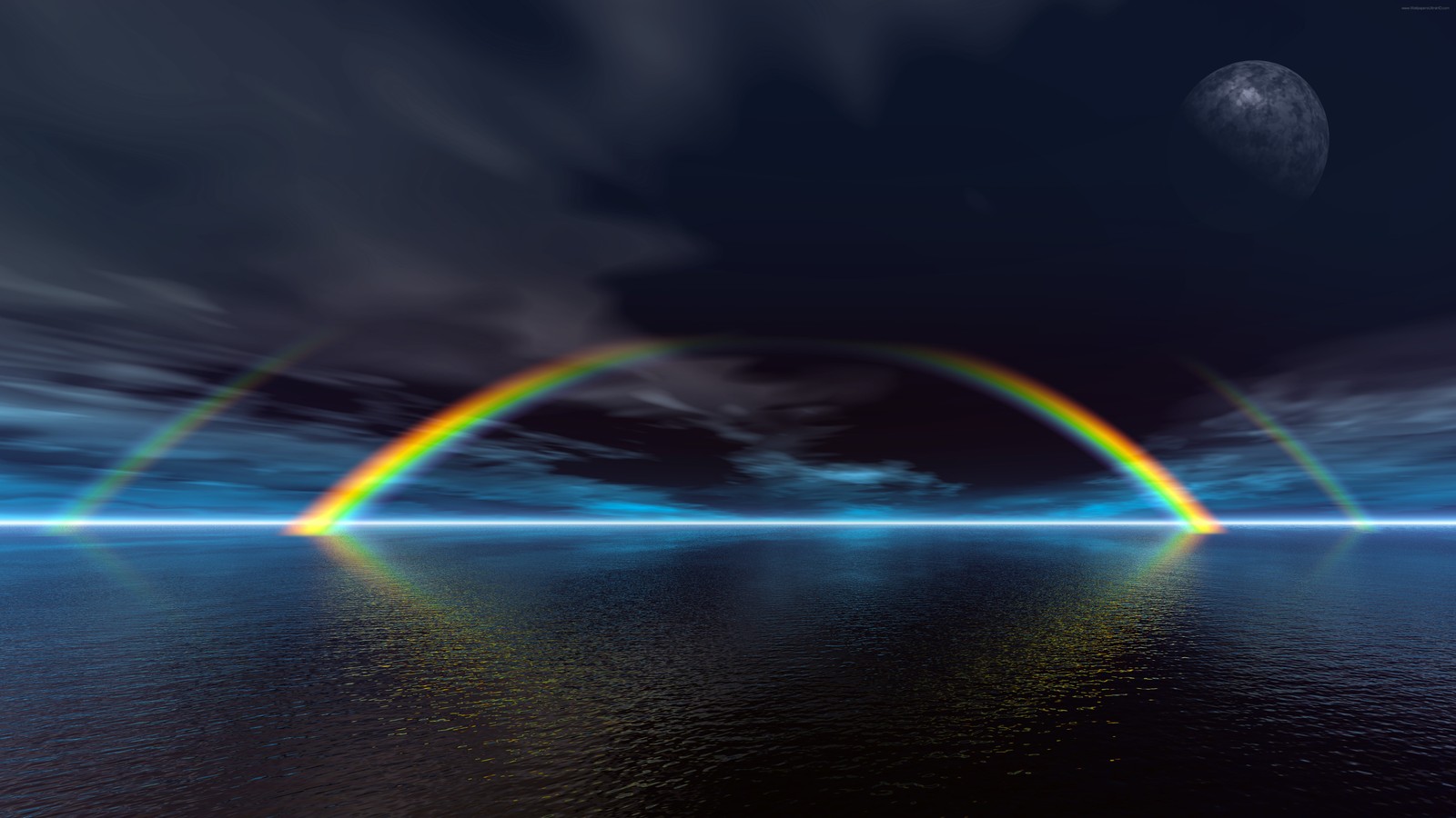 A rainbow is shining in the sky over the ocean (atmosphere, water, horizon, energy, earth)