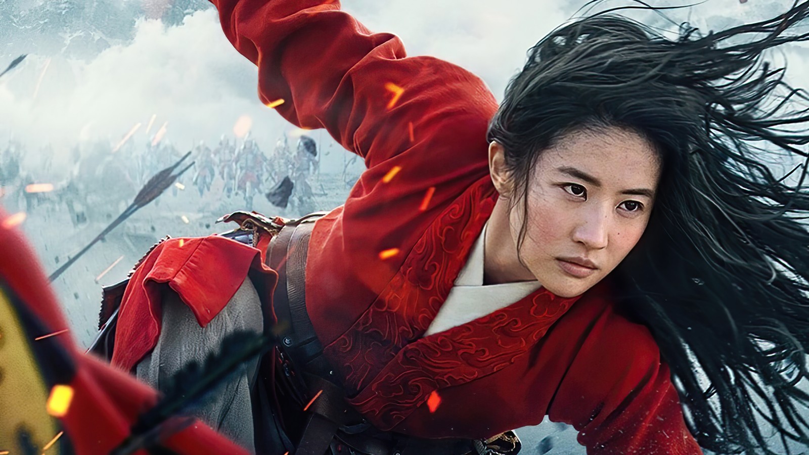 Un primer plano de una mujer en una chaqueta roja volando por el aire (mulan, 2020, película, liu yifei, yifei liu)