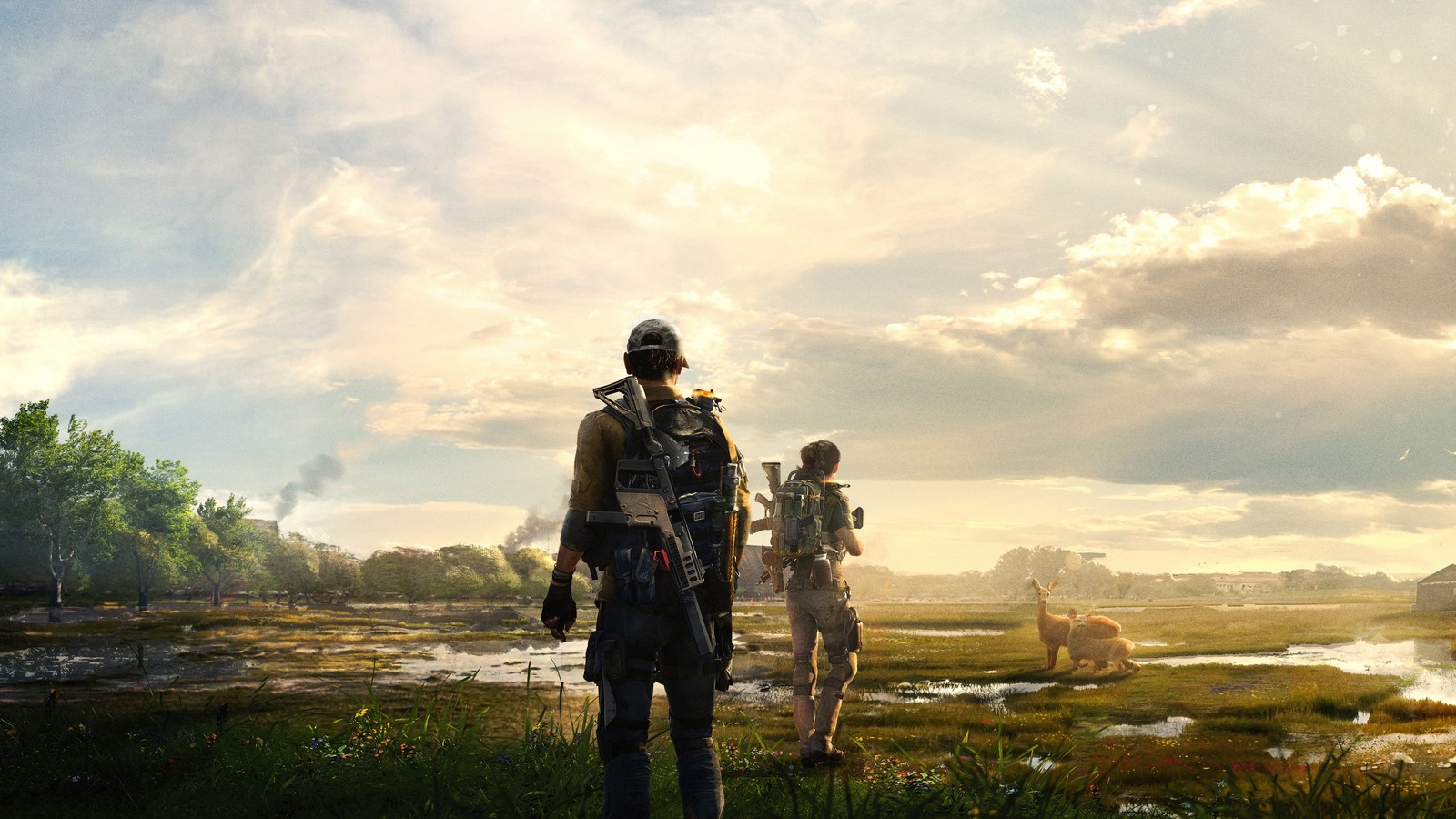 Imagen borrosa de un grupo de personas caminando por un campo (tom clancys the division 2, the division 2, videojuego)