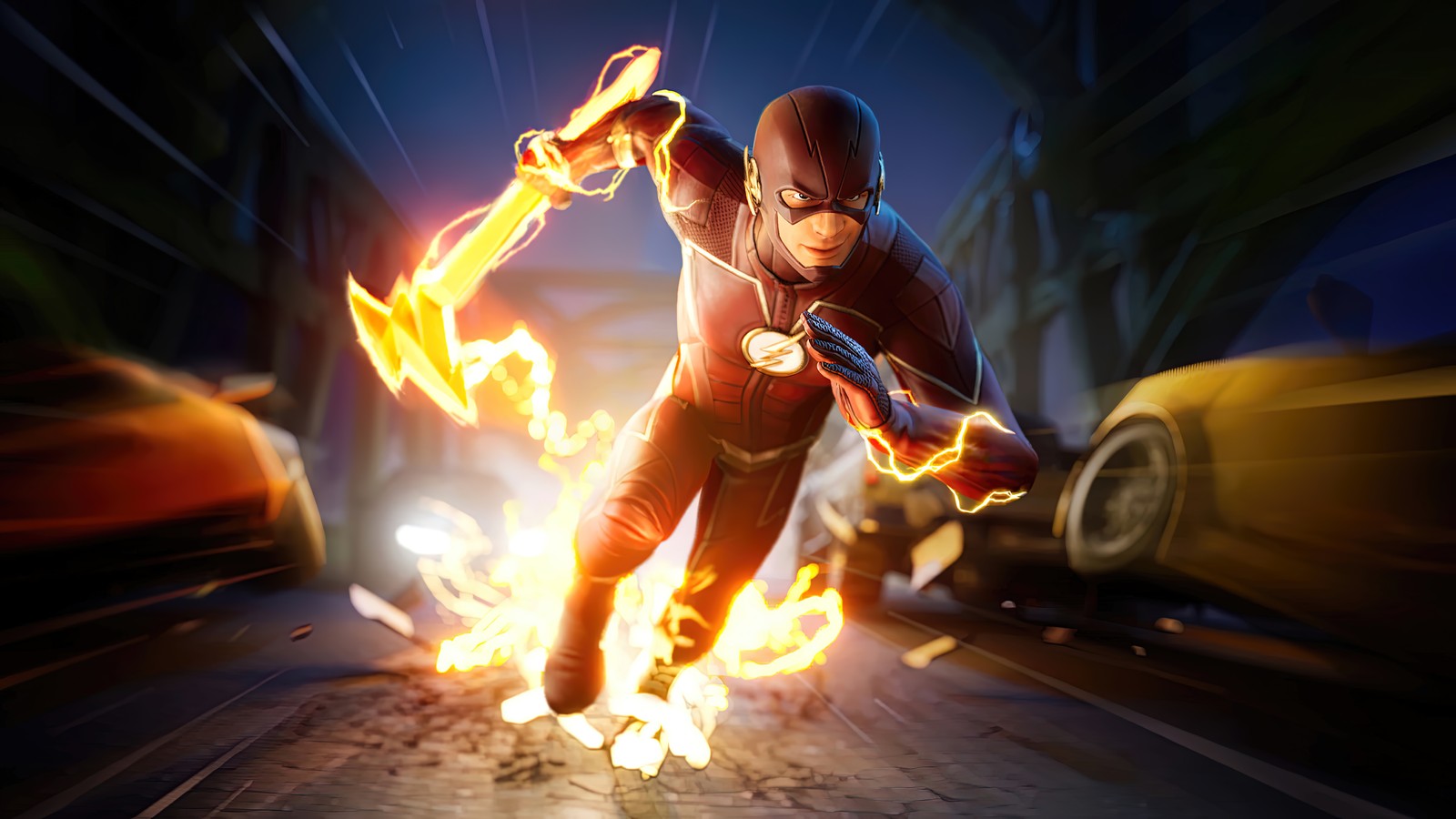 A close up of a person running with a fire in their hand (flash, running, lightning, fortnite, battle royale)