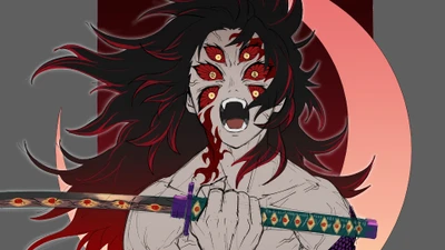 Kokushibo, la Luna Superior Uno de "Demon Slayer", empuña su espada, mostrando su feroz expresión y múltiples marcas en los ojos.