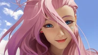 Seraphine from League of Legends with pink hair and a cheerful expression against a blue sky.