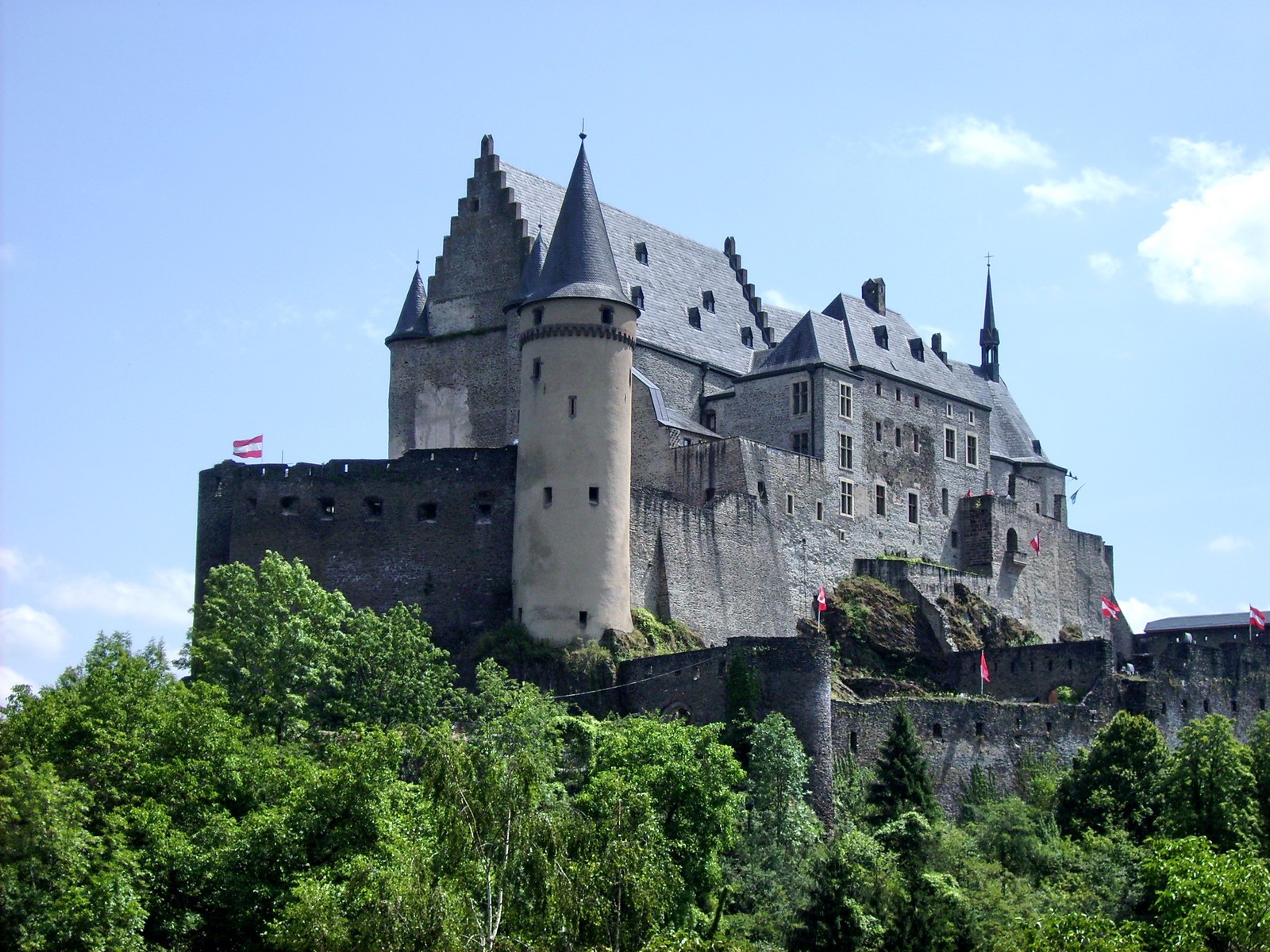 Arafed castle on a hill with trees and a blue sky (castle, medieval architecture, building, fortification, turret)