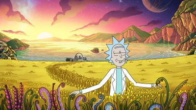 Rick Sanchez genießt einen ruhigen Sonnenuntergang in einer lebhaften alien Landschaft.