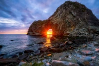 sunset, sunrise, mountain, rock, sea wallpaper