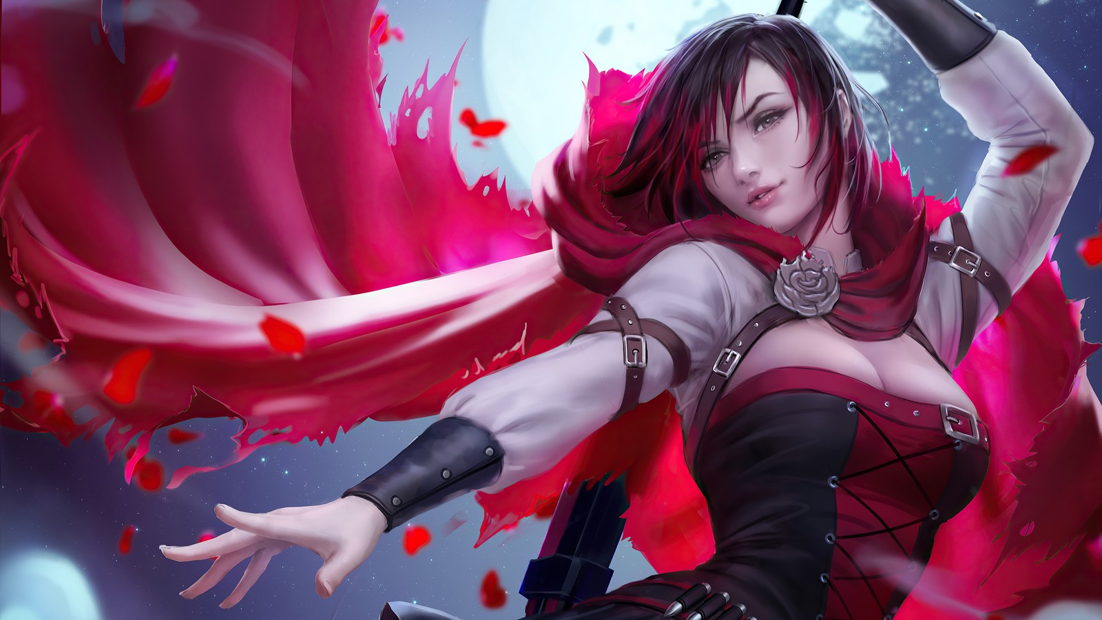 Une femme en robe rouge tenant une épée et une cape rouge (ruby rose, rwby, anime, filles danime)