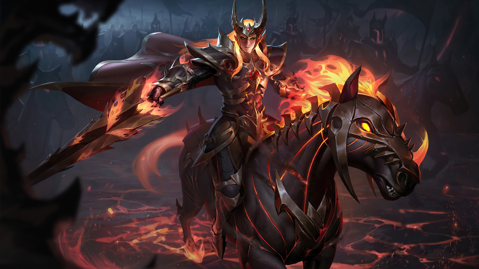 Um homem montando um cavalo em chamas (leomord, alma do inferno, pele, mobile legends, bang bang)