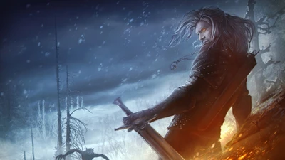 Geralt de Riv dans un paysage sombre et mystique, incarnant l'essence de la série "The Witcher".