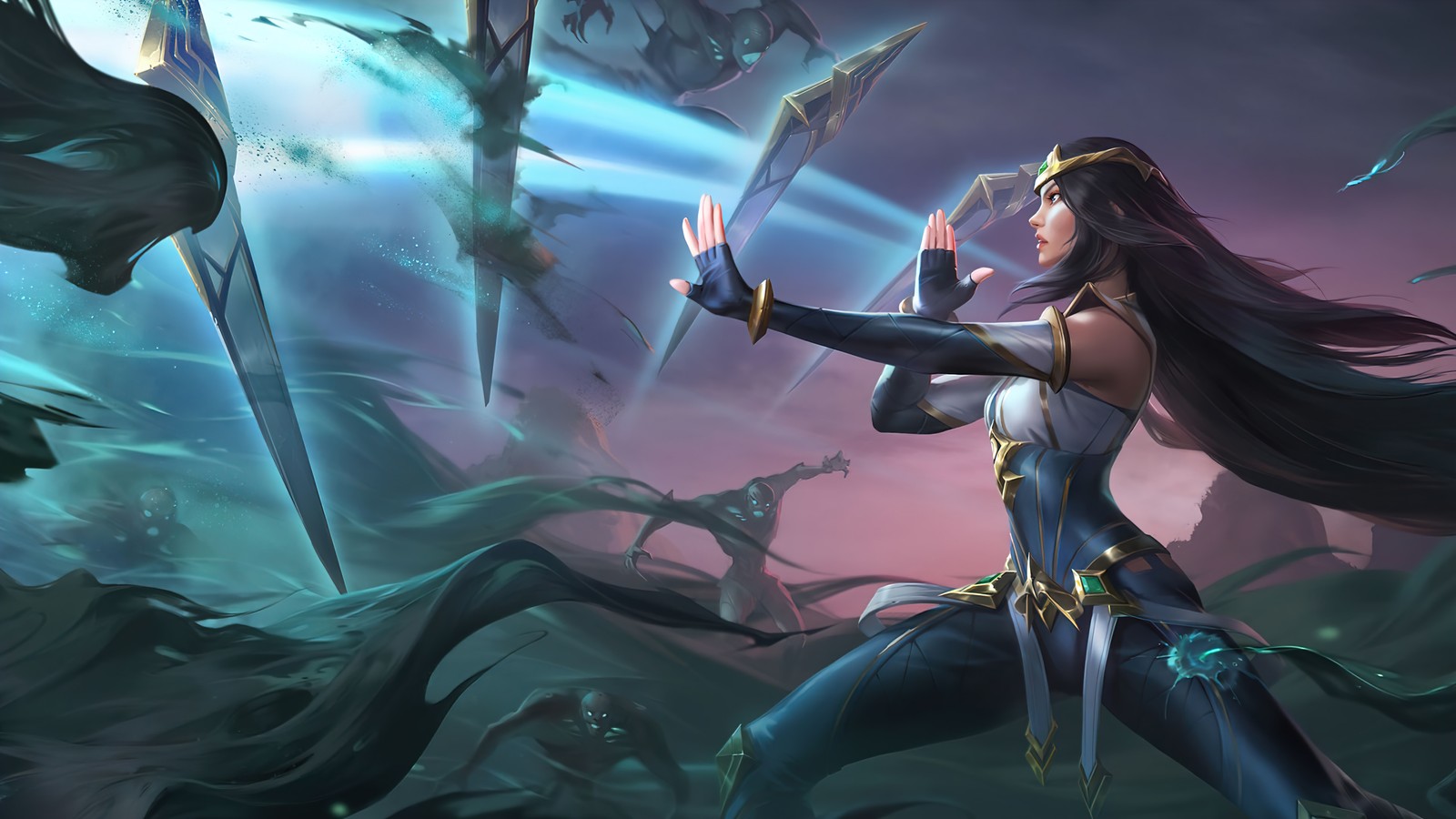 Eine frau in einem schwarzen outfit hält ein schwert vor einem wald (irelia, wächter, league of legends, legends of runeterra, videospiel)