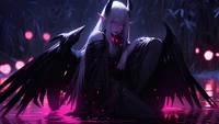 Enigmatic Demoness with Wings in a Mystical Twilight Setting