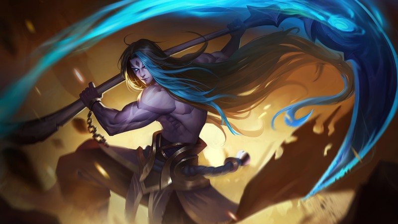 Женщина с мечом и синем пламенем в руке (кейн, kayn, охотник за душами, lol, league of legends)