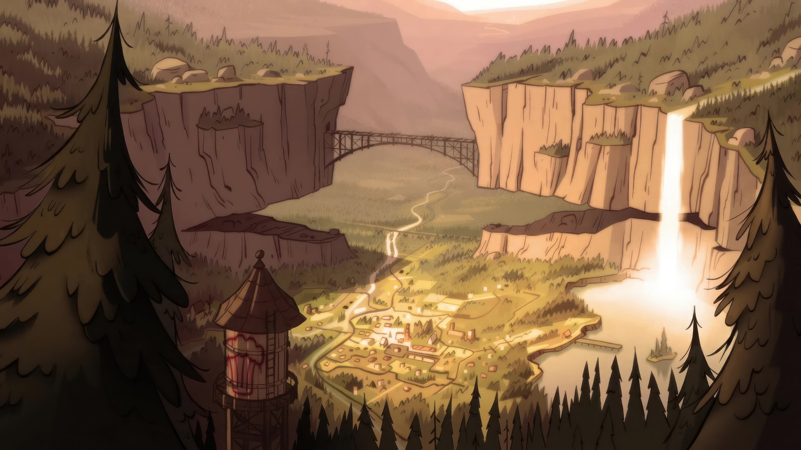 Uma pintura de uma cachoeira e uma ponte em uma floresta (gravity falls, série de televisão, desenho animado, cidade)